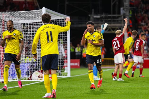 Nottingham Forest v Leeds United, Carabao Cup James Justin Of Leeds United scores a GOAL 0-2 and celebrates during the Nottingham Forest v Leeds United Carabao Cup 2nd round match at the City Ground, West Bridgford, England on 25 August 2026 Credit: Lee Keuneke Every Second Media Editorial use only. All images are copyright Every Second Media Limited. No images may be reproduced without prior permission. All rights reserved. Premier League and Football League images are subject to licensing agreements with Football DataCo Limited. see https: www.football-dataco.com Copyright: xIMAGO EveryxSecondxMediax ESM-2113-0112 LeexKeunekex xEveryxSecondxMediax