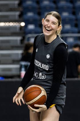COLOGNE, GERMANY - AUGUST 25: Luisa Geiselsoeder (Geiselsöder, Germany, 15) laughing during media training of DBB Germany women at Lanxess Arena on August 25, 2026 in Cologne, Germany. North Rhine Westphalia Germany Copyright: xSteffiexWunderlx