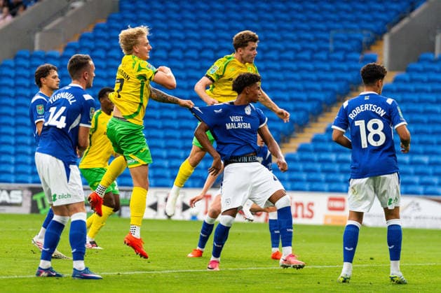 Carabao Cup round 2 Cardiff City v Norwich City Mathias Kvistgaarden of Norwich City heads his teams first goal during the Carabao Cup round 2 match Cardiff City vs Norwich City at Cardiff City Stadium, Cardiff, United Kingdom on 25 August 2026 (Photo by Andrew Lewis News Images) Cardiff Cardiff City Stadium Glamorgan United Kingdom Copyright: xAndrewxLewis NewsxImagesx