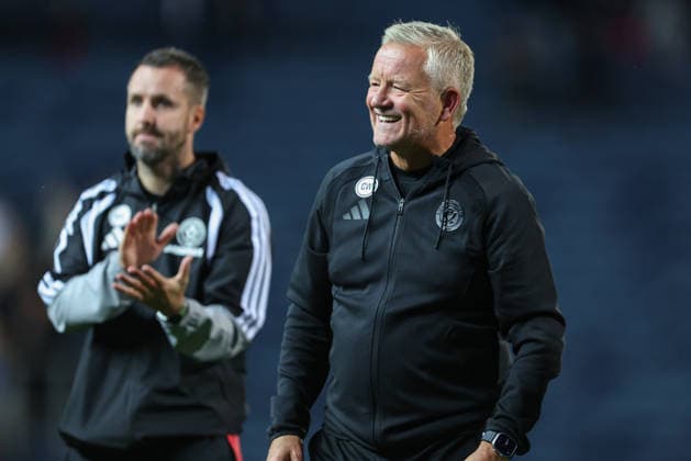 25th August 2026; Ewood Park, Blackburn, England; Carabao Cup Football, Blackburn Rovers versus Sheffield United; Chris Wilder manager of Sheffield United smiling at the end of the game AidanxHunter