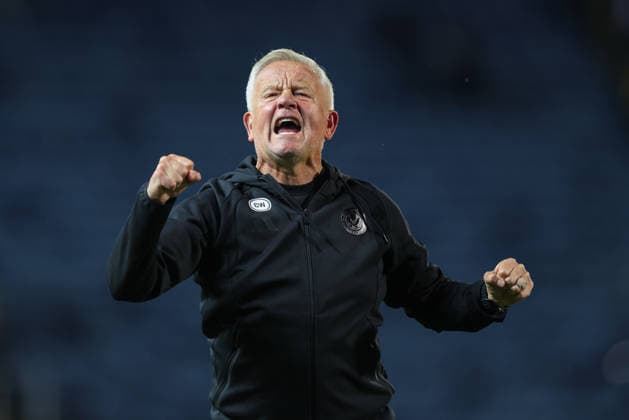 25th August 2026; Ewood Park, Blackburn, England; Carabao Cup Football, Blackburn Rovers versus Sheffield United; Chris Wilder manager of Sheffield United celebrates at the end of the game AidanxHunter