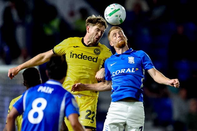 Birmingham City v Brentford, EFL Cup Birmingham City forward Carlos Vicente (7) and Brentford defender Nathan Collins (22) go for header during the EFL Cup match between Birmingham City and Brentford at the St Andrew s @ Knighthead Park, Birmingham, UK on 25 August 2026. Birmingham St Andrew s @ Knighthead Park West Midlands UK Editorial use only DataCo restrictions apply See www.football-dataco.com , Copyright: xManjitxNarotrax PSI-24746-0048