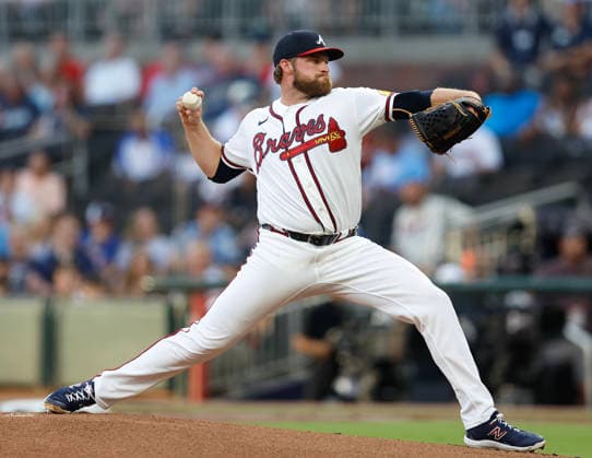 Pitcher Bryce Elder 55 of the the Atlanta Braves throws a pitch in the first inning against the Los Angeles Dodgers at Truist Park on Tuesday, August 25, 2026 in Atlanta, Georgia.  ATL20260825101 MikexZarrilli
