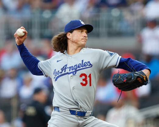 Pitcher Tyler Glasnow 31 of the Los Angeles Dodgers throws a pitch against the Los Angeles Dodgers at Truist Park on Tuesday, August 25, 2026 in Atlanta, Georgia.  ATL20260825102 MikexZarrilli