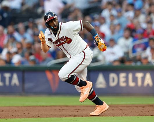 Centerfielder Michael Harris II of the Atlanta Braves steals second base in the first inning against the Los Angeles Dodgers at Truist Park on Tuesday, August 25, 2026 in Atlanta, Georgia.  ATL20260825105 MikexZarrilli