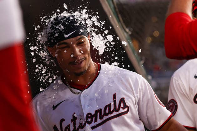 August 25, 2026, Washington D.C, District Of Columbia, United States: Washington, DC; Washington Nationals left fielder Daylen Lile (4) is doused with ice after hitting a home run during the Major League Baseball game between the Washington Nationals and the Colorado Rockies at Nationals Park on Tuesday, August 25, 2026. The Rockies beat the Nationals 3-1. MLB, Baseball Herren, USA Colorado Rockies 3:1 Washington Nationals  - ZUMAp258 20260825_znp_p258_019 Copyright: xStevexPrakopex