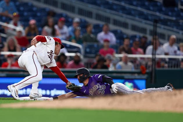 August 25, 2026, Washington D.C, District Of Columbia, United States: Washington, DC; Colorado Rockies second baseman Connor Norby (35) is tagged out at third base during the Major League Baseball game between the Washington Nationals and the Colorado Rockies at Nationals Park on Tuesday, August 25, 2026. The Rockies beat the Nationals 3-1. MLB, Baseball Herren, USA Colorado Rockies 3:1 Washington Nationals  - ZUMAp258 20260825_znp_p258_040 Copyright: xStevexPrakopex