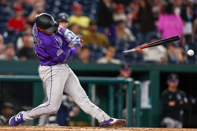 August 25, 2026, Washington D.C, District Of Columbia, United States: Washington, DC; Colorado Rockies catcher Hunter Goodman (15) breaks his bat during the Major League Baseball game between the Washington Nationals and the Colorado Rockies at Nationals Park on Tuesday, August 25, 2026. The Rockies beat the Nationals 3-1. MLB, Baseball Herren, USA Colorado Rockies 3:1 Washington Nationals  - ZUMAp258 20260825_znp_p258_046 Copyright: xStevexPrakopex