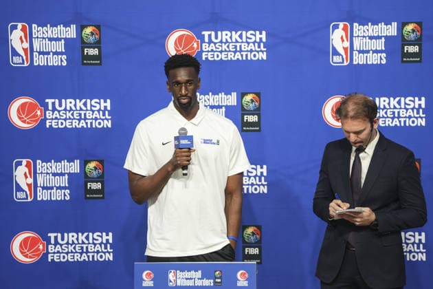 Basketball Without Borders Next Up boys camp opens in Istanbul ISTANBUL, TURKIYE - AUGUST 26: Former Fenerbahce player and current Atlanta Hawks assistant coach Ekpe Udoh speaks during the opening ceremony of the Basketball Without Borders (BWB) Next Up boys camp, organized jointly by the NBA, Basketball Herren, USA FIBA, and the Turkish Basketball Federation (TBF), at the Turkcell Basketball Development Center in Istanbul, Turkiye, on August 26, 2026. The prestigious youth development initiative brings together elite young male basketball talent from across the region for intensive training sessions and leadership workshops. Agit Erdi Ulukaya Anadolu Istanbul Turkey. Editorial use only. Please get in touch for any other usage.  Copyright: x2026xAnadoluxAgitxErdixUlukayax