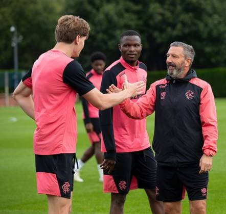Rangers manager Derek McInnes shakes hands with Ryan Naderi at training ahead of tomorrow s UEFA Conference League qualifying match against Jablonec. Rangers Training - The Rangers Training Centre, Glasgow, Lanarkshire, Scotland, UK - 26 Aug 2026Glasgow The Rangers Training Centre Lanarkshire United Kingdom  Copyright: xO Rourke RangersxFC Shutterstockx 17117524v