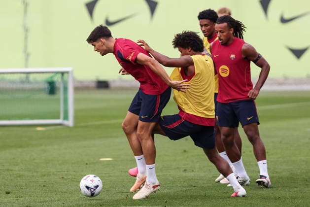 August 26, 2026, Sant Joan Despi, Barcelona, Spain: Gerard Martin, Karim Adeyemi and Jules Kounde during the training day of FC Barcelona, Barca ahead the Spanish League, Laliga EA Sports, football match against Athletic Club at Ciudad Esportiva Joan Gamper on August 26, 2026 in Sant Joan Despi, Barcelona, Spain. FC Barcelona Training And press conference, PK, Pressekonferenz - LaLiga EA Sports  - ZUMAa181 20260826_zaa_a181_034 Copyright: xJavierxBorregox
