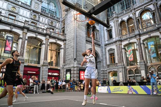 players are pictured in action during the latest press conference, PK, Pressekonferenz regarding the 3x3 European Basketball Championship in Antwerp (Sept. 11 13), on Wednesday 26 August 2026 in Antwerp. JONASxROOSENS  x184366737x