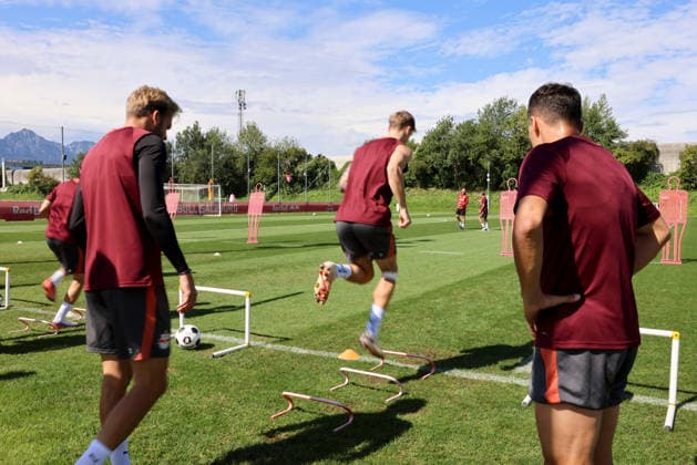 SOCCER - UEFA EL, RBS vs Mjaellby SALZBURG,AUSTRIA,26.AUG.26 - SOCCER - UEFA Europa League, play-off, Red Bull Salzburg vs Mjaellby AIF, preview, training RBS. Image shows a feature of players of RBS.  GEPAxpictures xMathiasxMandl
