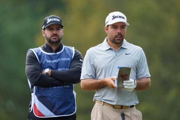 SUTTON COLDFIELD, ENGLAND - AUG 26: Alejandro Del Rey (ESP) and his caddie checks his yardage during the Pro-Am at the 2026 Husqvarna British Masters at The Belfry, Sutton Coalfield on August 26, 2026 in Warwickshire, England The 2026 Husqvarna British Masters