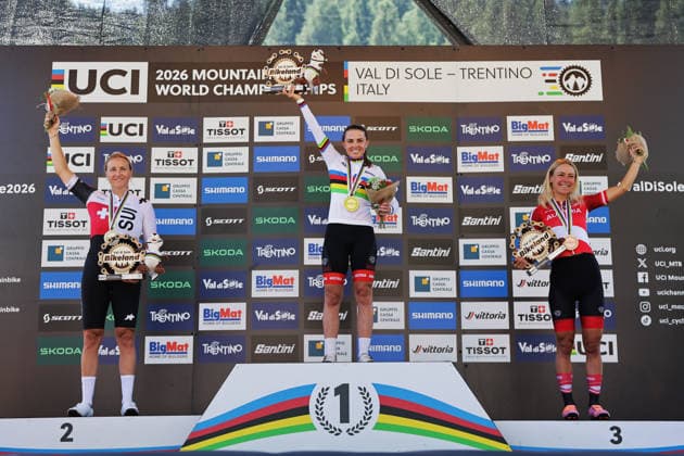 2026 UCI Mountain Bike World Championships Picture by Alex Whitehead SWpix.com - 26 08 2026 - Cycling - 2026 UCI Mountain Bike World Championships - Val di Sole, Trentino, Italy - E-mountain bike (E-MTB) Cross Country - Women Elite Podium - Anna Spielmann (Austria) wins the Gold Medal to become World Champion with Kathrin Stirnemann (Switzerland) receiving the Silver Medal and Tamara Wiedmann (Austria) Receiving the Bronze Medal Copyright: x xSWpix.comx(t axPhotographyxHubxLtd)xAlexxWhitehead SWpix.comx SWP-3030-19485