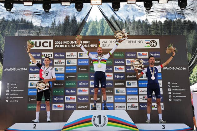 2026 UCI Mountain Bike World Championships Picture by Alex Whitehead SWpix.com - 26 08 2026 - Cycling - 2026 UCI Mountain Bike World Championships - Val di Sole, Trentino, Italy - E-mountain bike (E-MTB) Cross Country - Men Elite Podium - Jerome Gilloux (France) wins the Gold Medal to become World Champion with Joris Ryf (Switzerland) receiving the Silver Medal and Stephane Tempier (France) receiving the Bronze Medal Copyright: x xSWpix.comx(t axPhotographyxHubxLtd)xAlexxWhitehead SWpix.comx SWP-3030-19499