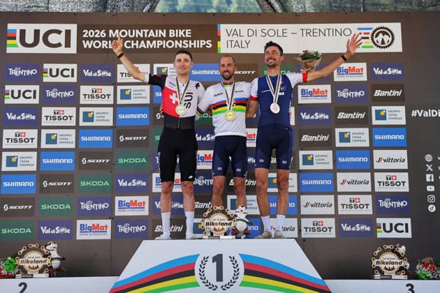 2026 UCI Mountain Bike World Championships Picture by Alex Whitehead SWpix.com - 26 08 2026 - Cycling - 2026 UCI Mountain Bike World Championships - Val di Sole, Trentino, Italy - E-mountain bike (E-MTB) Cross Country - Men Elite Podium - Jerome Gilloux (France) wins the Gold Medal to become World Champion with Joris Ryf (Switzerland) receiving the Silver Medal and Stephane Tempier (France) receiving the Bronze Medal Copyright: x xSWpix.comx(t axPhotographyxHubxLtd)xAlexxWhitehead SWpix.comx SWP-3030-19500
