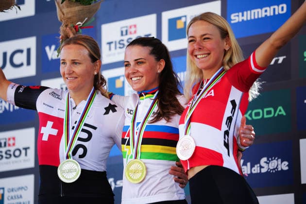 2026 UCI Mountain Bike World Championships Picture by Ed Sykes SWpix.com - 26 08 2026 - Cycling - 2026 UCI Mountain Bike World Championships - Val di Sole, Trentino, Italy - E-mountain bike (E-MTB) Cross Country - Women Elite Podium - Anna Spielmann (Austria) wins the Gold Medal to become World Champion with Kathrin Stirnemann (Switzerland) receiving the Silver Medal and Tamara Wiedmann (Austria) Receiving the Bronze Medal Copyright: x xSWpix.comx(t axPhotographyxHubxLtd)xEdxSykes SWpix.comx SWP-3030-19503