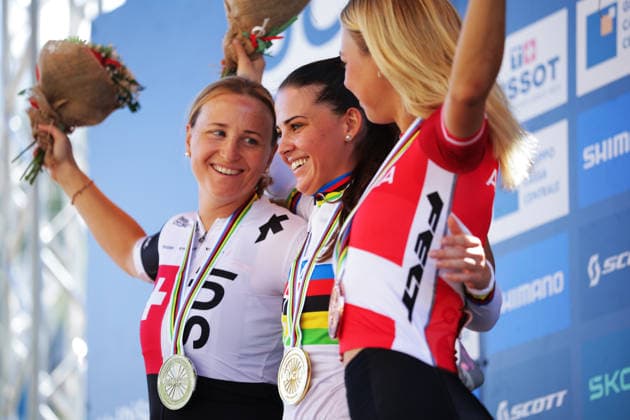 2026 UCI Mountain Bike World Championships Picture by Ed Sykes SWpix.com - 26 08 2026 - Cycling - 2026 UCI Mountain Bike World Championships - Val di Sole, Trentino, Italy - E-mountain bike (E-MTB) Cross Country - Women Elite Podium - Anna Spielmann (Austria) wins the Gold Medal to become World Champion with Kathrin Stirnemann (Switzerland) receiving the Silver Medal and Tamara Wiedmann (Austria) Receiving the Bronze Medal Copyright: x xSWpix.comx(t axPhotographyxHubxLtd)xEdxSykes SWpix.comx SWP-3030-19504