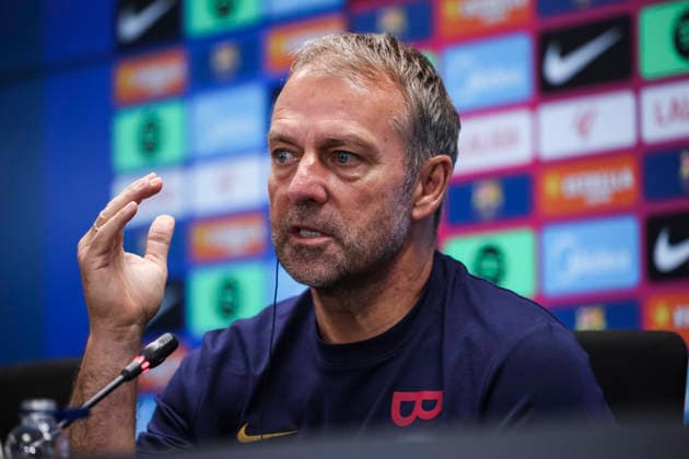 August 26, 2026, Sant Joan Despi, Barcelona, Spain: Hansi Flick, head coach of FC Barcelona, Barca attends his press conference, PK, Pressekonferenz during the training day of FC Barcelona ahead the Spanish League, LaLiga EA Sports, football match against Athletic Club at Ciudad Esportiva Joan Gamper on August 26, 2026 in Sant Joan Despi, Barcelona, Spain. FC Barcelona Training And Press Conference - LaLiga EA Sports  - ZUMAa181 20260826_zaa_a181_046 Copyright: xJavierxBorregox