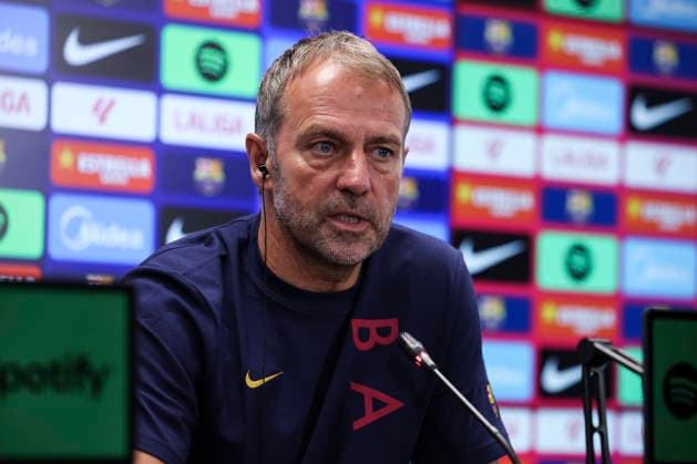 August 26, 2026, Sant Joan Despi, Barcelona, Spain: Hansi Flick, head coach of FC Barcelona, Barca attends his press conference, PK, Pressekonferenz during the training day of FC Barcelona ahead the Spanish League, LaLiga EA Sports, football match against Athletic Club at Ciudad Esportiva Joan Gamper on August 26, 2026 in Sant Joan Despi, Barcelona, Spain. FC Barcelona Training And Press Conference - LaLiga EA Sports  - ZUMAa181 20260826_zaa_a181_048 Copyright: xJavierxBorregox
