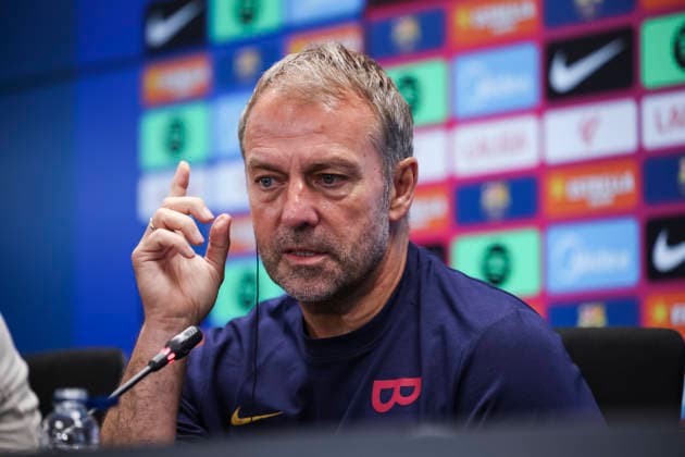 August 26, 2026, Sant Joan Despi, Barcelona, Spain: Hansi Flick, head coach of FC Barcelona, Barca attends his press conference, PK, Pressekonferenz during the training day of FC Barcelona ahead the Spanish League, LaLiga EA Sports, football match against Athletic Club at Ciudad Esportiva Joan Gamper on August 26, 2026 in Sant Joan Despi, Barcelona, Spain. FC Barcelona Training And Press Conference - LaLiga EA Sports  - ZUMAa181 20260826_zaa_a181_063 Copyright: xJavierxBorregox