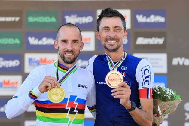 Mountain Bike Cycling World Championships UCI 2026 Pierre Teyssot MAXPPP ; Mountain Bike Cycling World Championships UCI 2026 in Commezzadura on August 26, 2026. E-MTB Cross Country Race, left Jerome Gilloux (FRA) is the new World Champion, right, Stephane Tempier is third. Pierre Teyssot Maxppp Commezzadura Val di Sole - Trentino Italy  Copyright: xMAXPPPxPierrexTeyssotx TEY60358 TEY60358