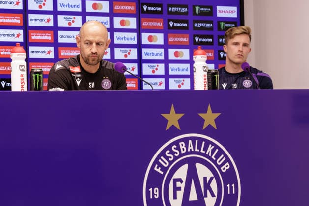 SOCCER - UEFA ECL, A.Wien vs Braga VIENNA,AUSTRIA,26.AUG.26 - SOCCER - UEFA Conference League, play-off, Austria Wien vs Sporting Braga, preview, press conference, PK, Pressekonferenz A.Wien. Image shows head coach Stephan Helm and Johannes Eggestein (A.Wien).  GEPAxpictures xArminxRauthner