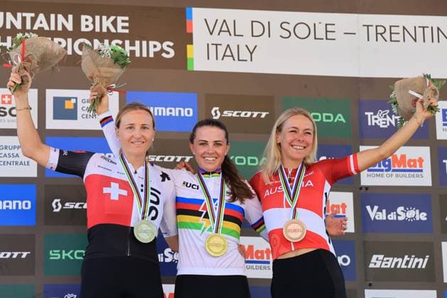 Mountain Bike Cycling World Championships UCI 2026 Pierre Teyssot MAXPPP ; Mountain Bike Cycling World Championships UCI 2026 in Commezzadura on August 26, 2026. E-MTB Cross Country Race, in action at the podium Kathrin STIRNEMANN (SUI), Anna SPIELMANN (AUS), Tamara WIEDMANN (AUS) Pierre Teyssot Maxppp Commezzadura Val di Sole - Trentino Italy  Copyright: xMAXPPPxPierrexTeyssotx TEY60168 TEY60168