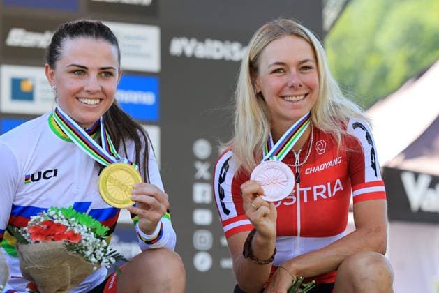 Mountain Bike Cycling World Championships UCI 2026 Pierre Teyssot MAXPPP ; Mountain Bike Cycling World Championships UCI 2026 in Commezzadura on August 26, 2026. E-MTB Cross Country Race, from left Anna SPIELMANN (AUT), Tamara WIEDMANN (AUT) with the medals. Pierre Teyssot Maxppp Commezzadura Val di Sole - Trentino Italy  Copyright: xMAXPPPxPierrexTeyssotx TEY60207 TEY60207