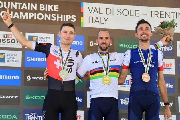 Mountain Bike Cycling World Championships UCI 2026 Pierre Teyssot MAXPPP ; Mountain Bike Cycling World Championships UCI 2026 in Commezzadura on August 26, 2026. E-MTB Cross Country Race, in action at the podium, from left, Joris Ryf (SUI), Jerome Gilloux (FRA) and Stephane Tempier (FRA) Pierre Teyssot Maxppp Commezzadura Val di Sole - Trentino Italy  Copyright: xMAXPPPxPierrexTeyssotx TEY60309 TEY60309