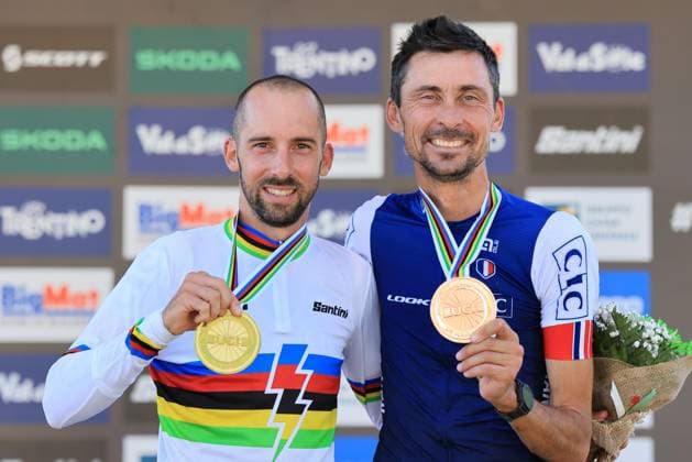 Mountain Bike Cycling World Championships UCI 2026 Pierre Teyssot MAXPPP ; Mountain Bike Cycling World Championships UCI 2026 in Commezzadura on August 26, 2026. E-MTB Cross Country Race, left Jerome Gilloux (FRA) is the new World Champion, right, Stephane Tempier is third. Pierre Teyssot Maxppp Commezzadura Val di Sole - Trentino Italy  Copyright: xMAXPPPxPierrexTeyssotx TEY60364 TEY60364