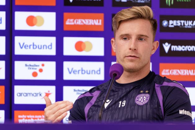 SOCCER - UEFA ECL, A.Wien vs Braga VIENNA,AUSTRIA,26.AUG.26 - SOCCER - UEFA Conference League, play-off, Austria Wien vs Sporting Braga, preview, press conference, PK, Pressekonferenz A.Wien. Image shows Johannes Eggestein (A.Wien).  GEPAxpictures xArminxRauthner