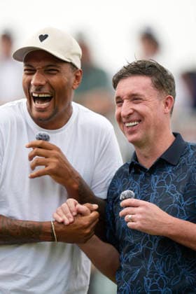 SUTTON COLDFIELD, ENGLAND - AUG 26: Fromer footballer turned presenter Jay Bothroyd interviews former Liverpool and England striker Robbie Fowler before the Pro-Am at the 2026 Husqvarna British Masters at The Belfry, Sutton Coalfield on August 26, 2026 in Warwickshire, England The 2026 Husqvarna British Masters
