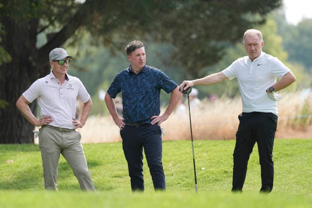 SUTTON COLDFIELD, ENGLAND - AUG 26: Luke Donald (ENG) speak with former England footballers Robbie Fowler and Paul Scholes during the Pro-Am at the 2026 Husqvarna British Masters at The Belfry, Sutton Coalfield on August 26, 2026 in Warwickshire, England The 2026 Husqvarna British Masters