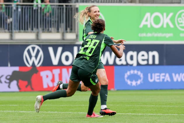 26.08.2026, xgrfx, Fussball UEFA WCL Quali 3.Runde, VfL Wolfsburg - Inter Mailand v.l. Tor, Lara Prasnikar zum 1:0 (VfL Wolfsburg) Wolfsburg