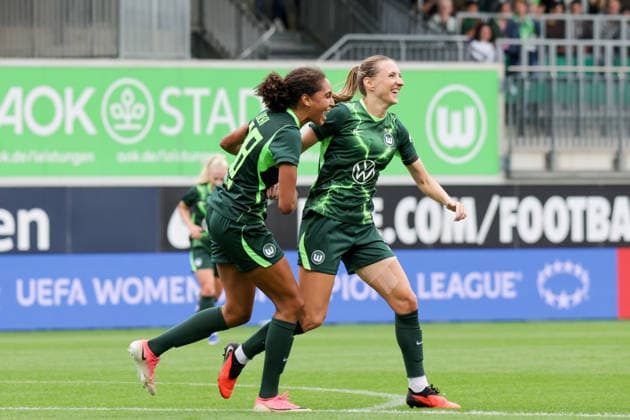 26.08.2026, xgrfx, Fussball UEFA WCL Quali 3.Runde, VfL Wolfsburg - Inter Mailand v.l. Tor, Lara Prasnikar zum 1:0 (VfL Wolfsburg) Wolfsburg