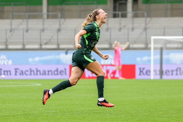 26.08.2026, xgrfx, Fussball UEFA WCL Quali 3.Runde, VfL Wolfsburg - Inter Mailand v.l. Tor, Lara Prasnikar zum 1:0 (VfL Wolfsburg) Wolfsburg