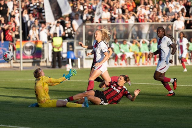 26.08.2026, xhfmx, Fussball UEFA Woman CLQ Runde 3, Eintracht Frankfurt Frauen - Paris Saint Germain Frauen Larissa Mühlhaus (Eintracht Frankfurt, 47) erzielt das 1:0 geegn Paris. Tor, Goal, Jubel, Celebration Frankfurt