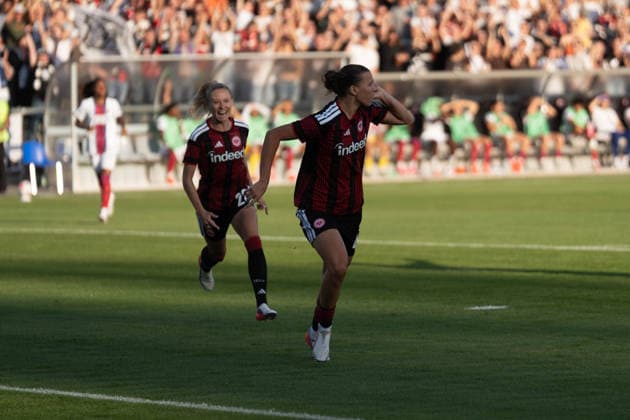 26.08.2026, xhfmx, Fussball UEFA Woman CLQ Runde 3, Eintracht Frankfurt Frauen - Paris Saint Germain Frauen Larissa Mühlhaus (Eintracht Frankfurt, 47) bejubelt Ihr Tor zum 1:0 gegen Paris. Tor, Goal, Jubel, Celebration Frankfurt