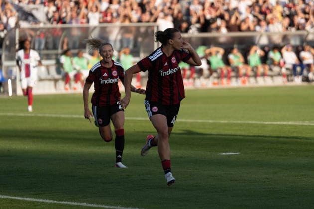 26.08.2026, xhfmx, Fussball UEFA Woman CLQ Runde 3, Eintracht Frankfurt Frauen - Paris Saint Germain Frauen Larissa Mühlhaus (Eintracht Frankfurt, 47) bejubelt Ihr Tor zum 1:0 gegen Paris. Tor, Goal, Jubel, Celebration Frankfurt