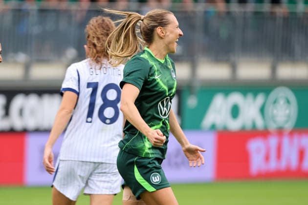 Wolfsburg, Deutschland: 26.08.2026 - Champions League Qualifikation - Hinrunde - VfL Wolfsburg Frauen vs. Inter Mailand Frauen Im Bild: Torschützin Lara Prasnikar (Wolfsburg) macht das Tor zum 1:0 für Wolfsburg und jubelt Copyright: HMBxMedia MadeleinexFantini