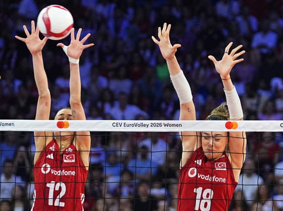 Turkiye v Germany - CEV EuroVolley 2026 ISTANBUL, TURKIYE - AUGUST 26: Deniz Uyanik (15), and Elif Sahin (12) of Turkiye in action during the CEV EuroVolley 2026 Women Group A match between Turkiye and Germany at Sinan Erdem Sports Hall, on August 26, 2026, in Istanbul, Turkiye. Esra Bilgin Anadolu Istanbul Turkey. Editorial use only. Please get in touch for any other usage.  Copyright: x2026xAnadoluxEsraxBilginx
