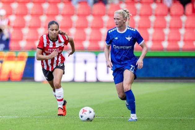 EINDHOVEN , 26-08-2026 , de Herdgang Stadium , Champions League women , knockout phase match 1 of 2 , season 2026 2027 , PSV - HB Koge , picture shows PSV women player Rosalie Renfurm HB Koge women player Rikke Marie Madsen PSV - HB Koge (women)  x206066891x Copyright: