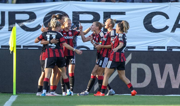 GER, Frankfurt, Eintracht Frankfurt vs Paris Saint-Germain, UEFA Womens Champions League, Fussball, UEFA, Spielzeit 2026 2027, Stadion am Brentanobad, 3. Quali-Runde, Hinspiel im Bild: Larissa Mühlhaus (Eintracht Frankfurt Frauen 47), Tor, Jubel und Freude, Emotionen DFB DFL REGULATIONS PROHIBIT ANY USE OF PHOTOGRAPHS AS IMAGE SEQUENCES AND OR QUASI-VIDEO, 26.08.2026 Copyright: HMBxMedia HendrikxHamelau