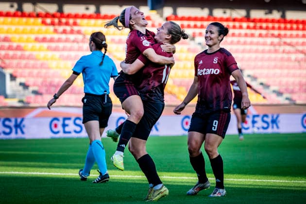 L-R Franny Cerna (Sparta), Michaela Khyrova (Sparta) and Eva Bartonova (Sparta) celebrate a goal during the UEFA Women s Champions League, third qualifying round, opening match: AC Sparta Praha vs Servette FC Geneva, in Prague, Czech Republic, on August 26, 202 (CTKxPhoto VitxSimanek) CTKPhotoP2026082606730  CTKPhotoP2026082606730