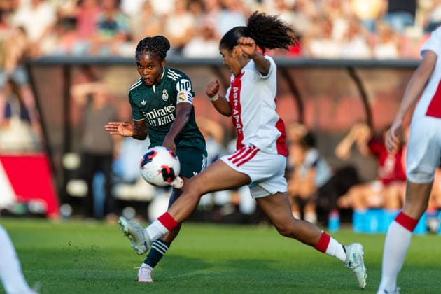 UEFA Women s Champions League: Ajax Vrouwen v Real Madrid Women AMSTERDAM, NETHERLANDS - AUGUST 26: Linda Caicedo of Real Madrid and Ella Touon of Ajax during the UEFA Women s Champions League match between Ajax Vrouwen and Real Madrid Women at Sportpark De Toekomst on August 26, 2026 in Amsterdam, Netherlands. Amsterdam Sportpark De Toekomst Netherlands Content not available for redistribution in The Netherlands directly or indirectly through any third parties. Copyright: xMarcelxvanxPlateringenx