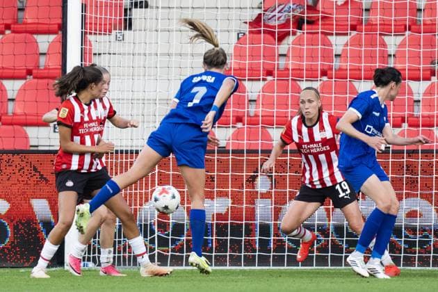 EINDHOVEN , 26-08-2026 , de Herdgang Stadium , Champions League women , knockout phase match 1 of 2 , season 2026 2027 , PSV - HB Koge , picture shows HB Koge women player Kyra Carusa scores the 0-1 PSV - HB Koge (women)  x206067507x Copyright: