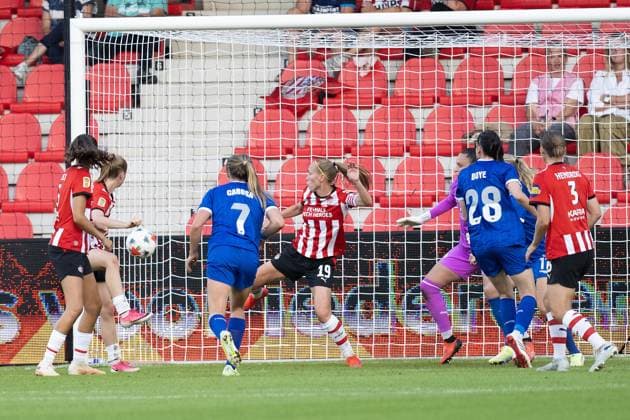 EINDHOVEN , 26-08-2026 , de Herdgang Stadium , Champions League women , knockout phase match 1 of 2 , season 2026 2027 , PSV - HB Koge , picture shows HB Koge women player Kyra Carusa scores the 0-1 PSV - HB Koge (women)  x206067509x Copyright: