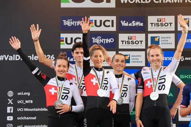 Mountain Bike Cycling World Championships UCI 2026 Pierre Teyssot MAXPPP ; Mountain Bike Cycling World Championships UCI 2026 in Commezzadura on August 26, 2026. Cross Country Mixed Team Relay Race, in action Nicolas Halter, Men Gygax, Jolanda Neff, Anina Hutter, Anja Grossmann, Luca Schatti (Switzerland) receiving the Silver Medal Pierre Teyssot Maxppp Commezzadura Val di Sole - Trentino Italy  Copyright: xMAXPPPxPierrexTeyssotx TEY60755 TEY60755